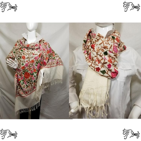 Cream Embroidered Kashmir 100% Wool Scarf Poncho